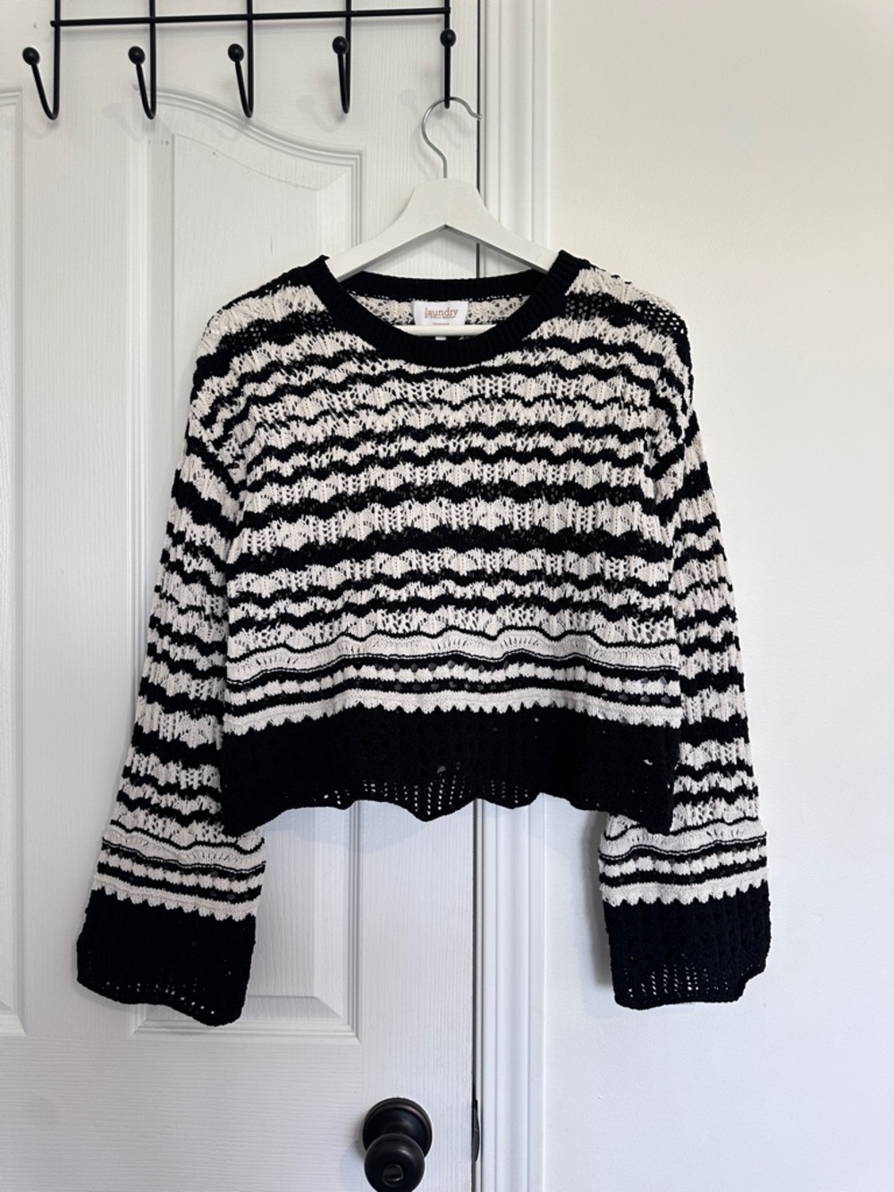 Laundry by Shelli Segal Crochet knit sweater in black and white stripe